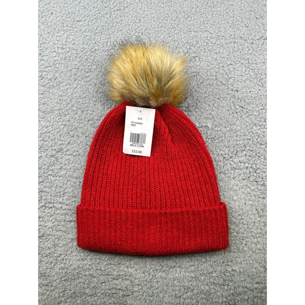 Belk NWT RED faux fur pompom Beanie